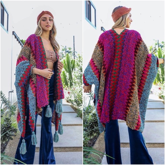 01 Boho Multicolor crochet Tassel hem Cardigan - Picture 2 of 8
